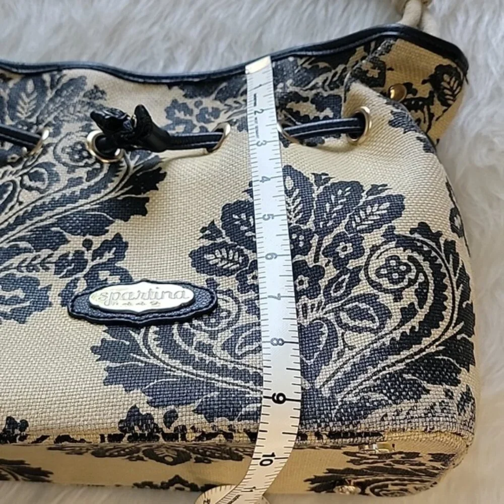 SPARTINA 449 Black Tan Linen Damask Print Single‎ Handle Drawstring Bucket Bag